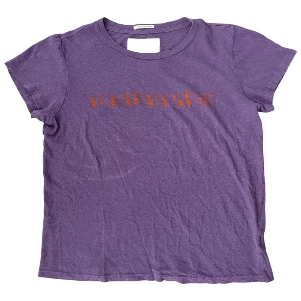 MOTHER Purple Short Sleeve Logo Tee with Rust Orange Print